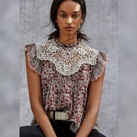 Othilia Anthropology Malia Shirt Women Large Red White Floral Lace Crochet Boho - Picture 1 of 10